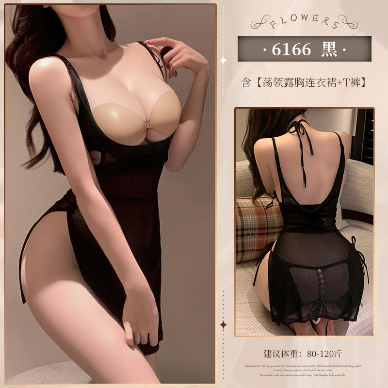 Chest swing collar see-through mesh slit dress ZY6166 erotic underwear sexy pure desire to show buttocks temptation