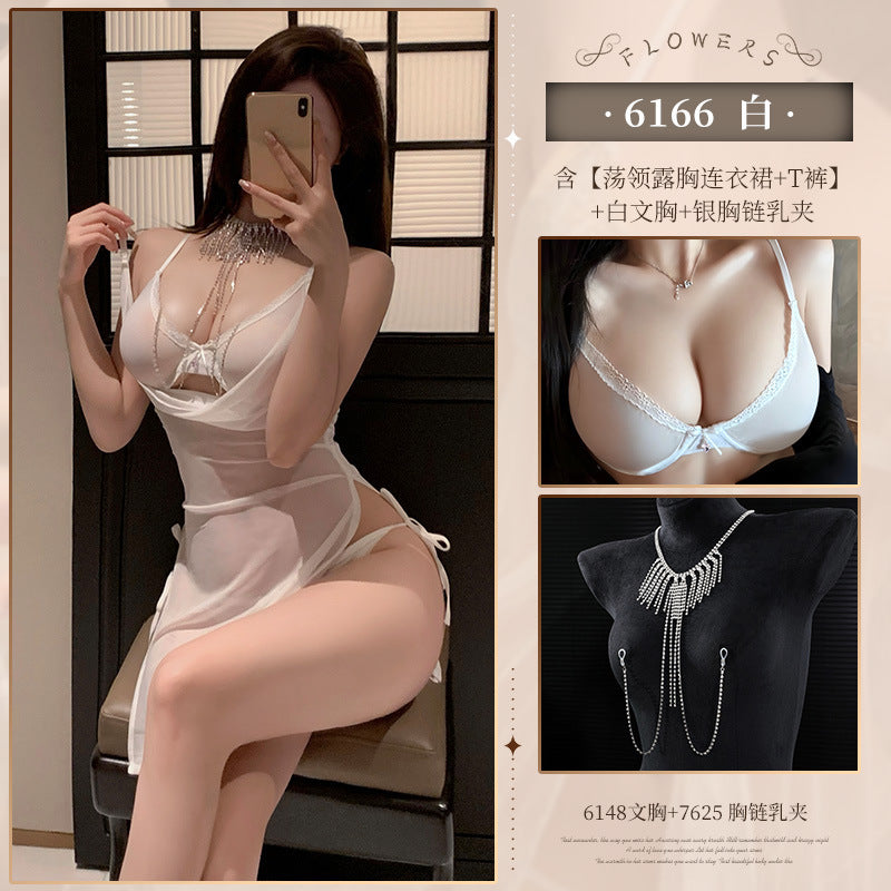 Chest swing collar see-through mesh slit dress ZY6166 erotic underwear sexy pure desire to show buttocks temptation