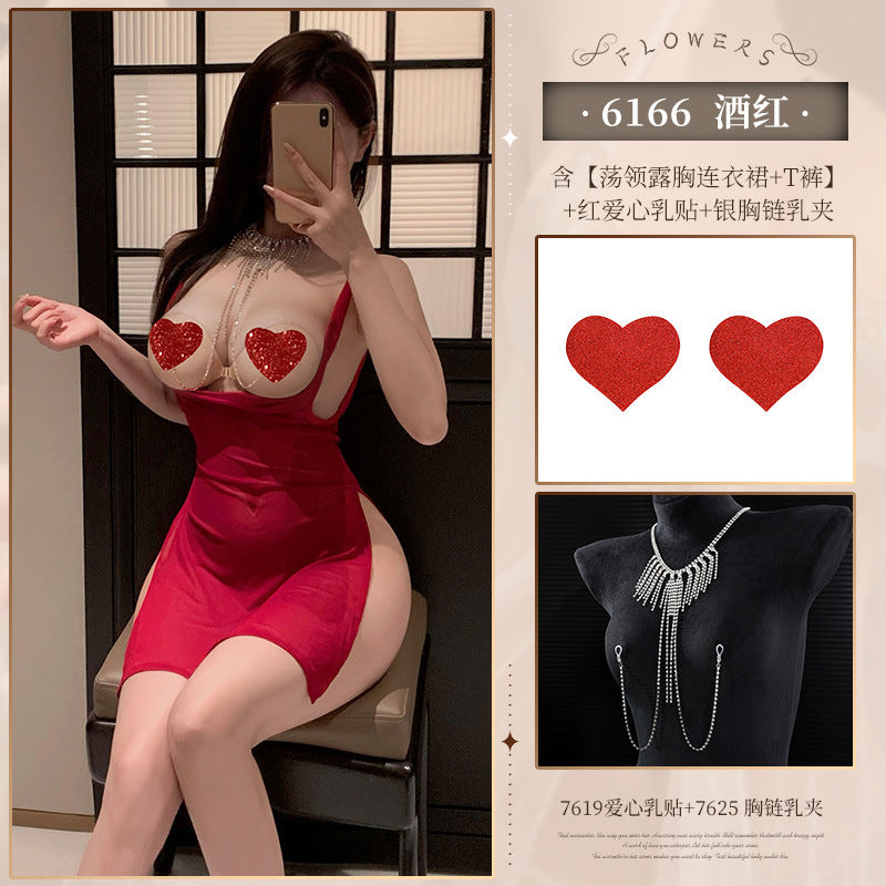 Chest swing collar see-through mesh slit dress ZY6166 erotic underwear sexy pure desire to show buttocks temptation