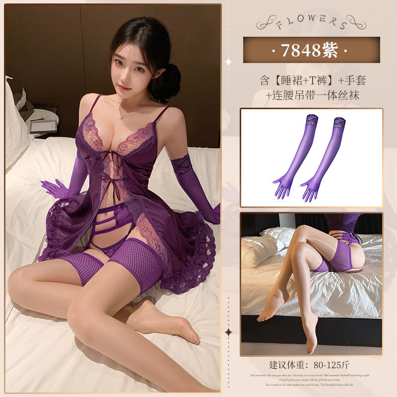 Fei Mu wantonly provokes love, lace-up front open nightdress 7848 erotic underwear hollow sexy free